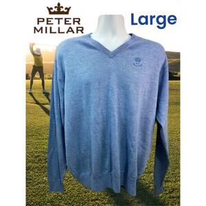 $230 PETER MILLAR Bent Pine Club Crest Merino Wool Blue Sweater Large